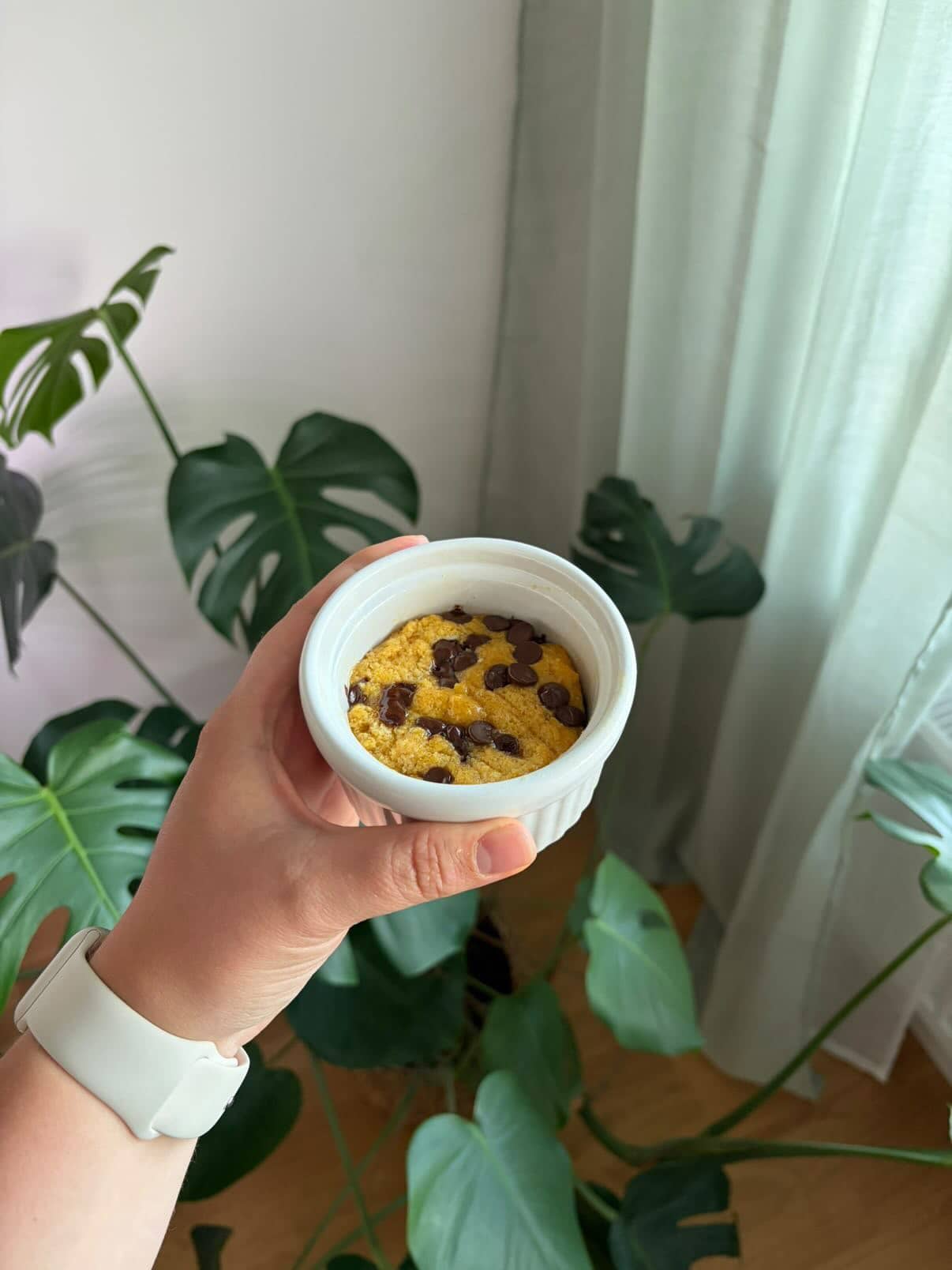 Proteinrik mugcake med smak av chocolate chip cookies kasein vaniljdrömmar