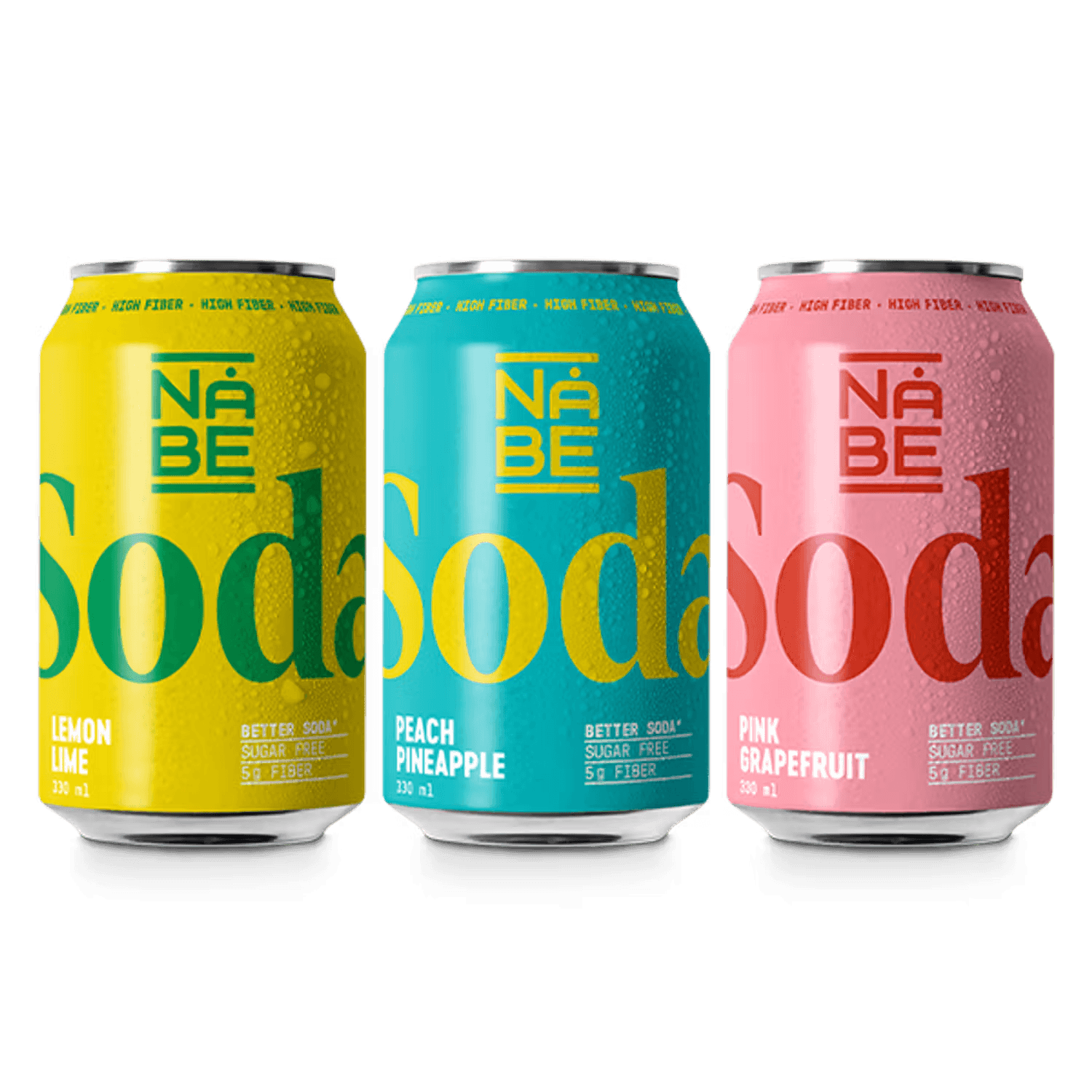 Three cans of NÁBE Soda in lemon lime, peach pineapple, and pink grapefruit flavors, with vibrant colors and bold text.