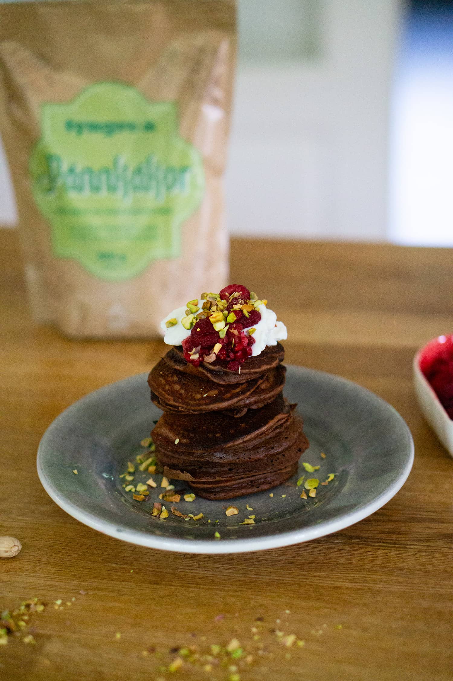 Proteinpannkakor med choklad- och pistage pannkaksmix choklad & pistage