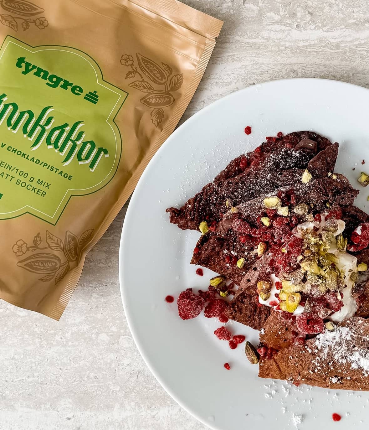Proteinpannkakor med dubai choklad pannkaksmix choklad och pistage