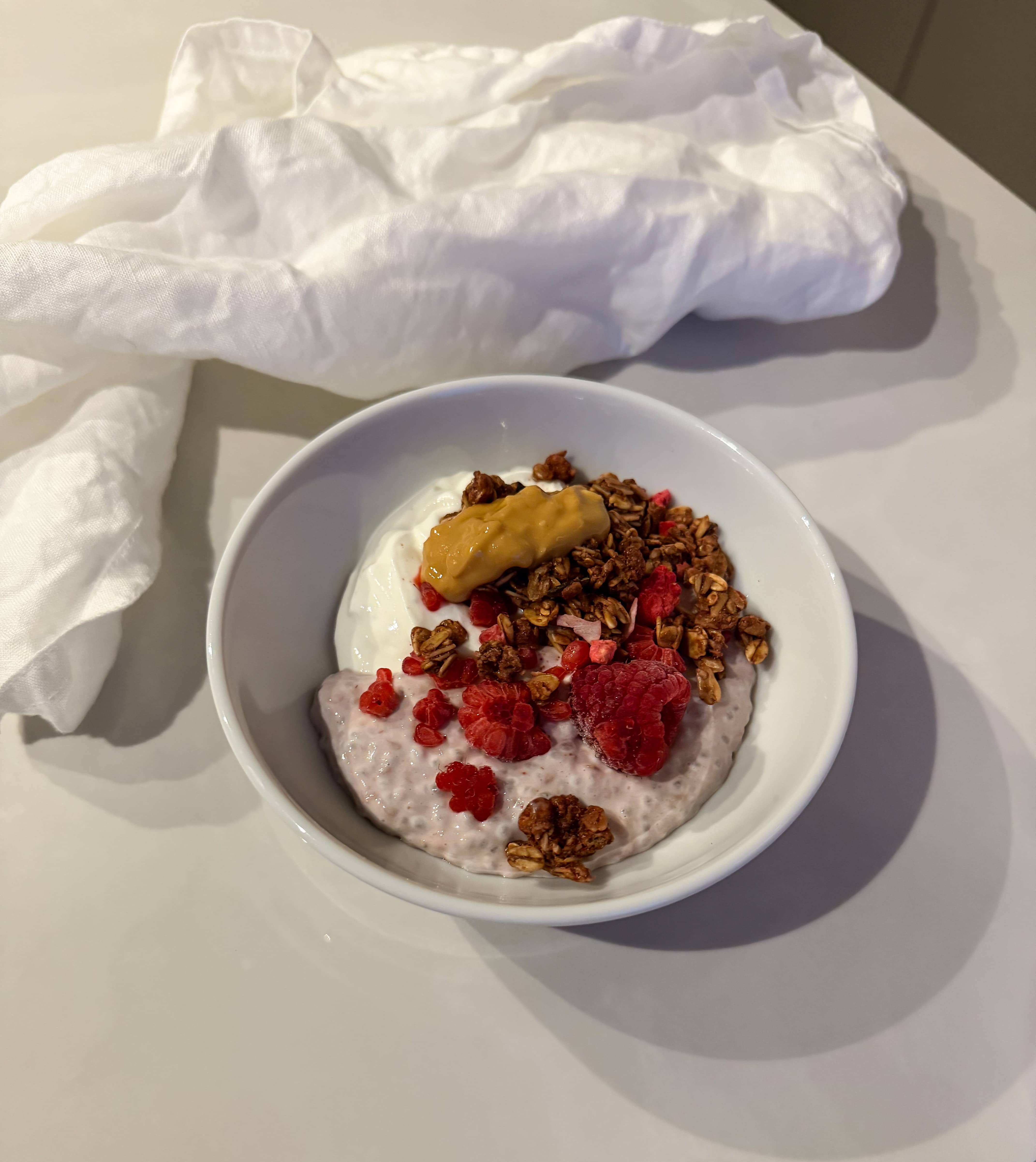 Proteinrik chiapudding med kokos, vanilj- och hallon kasein vaniljdrömmar