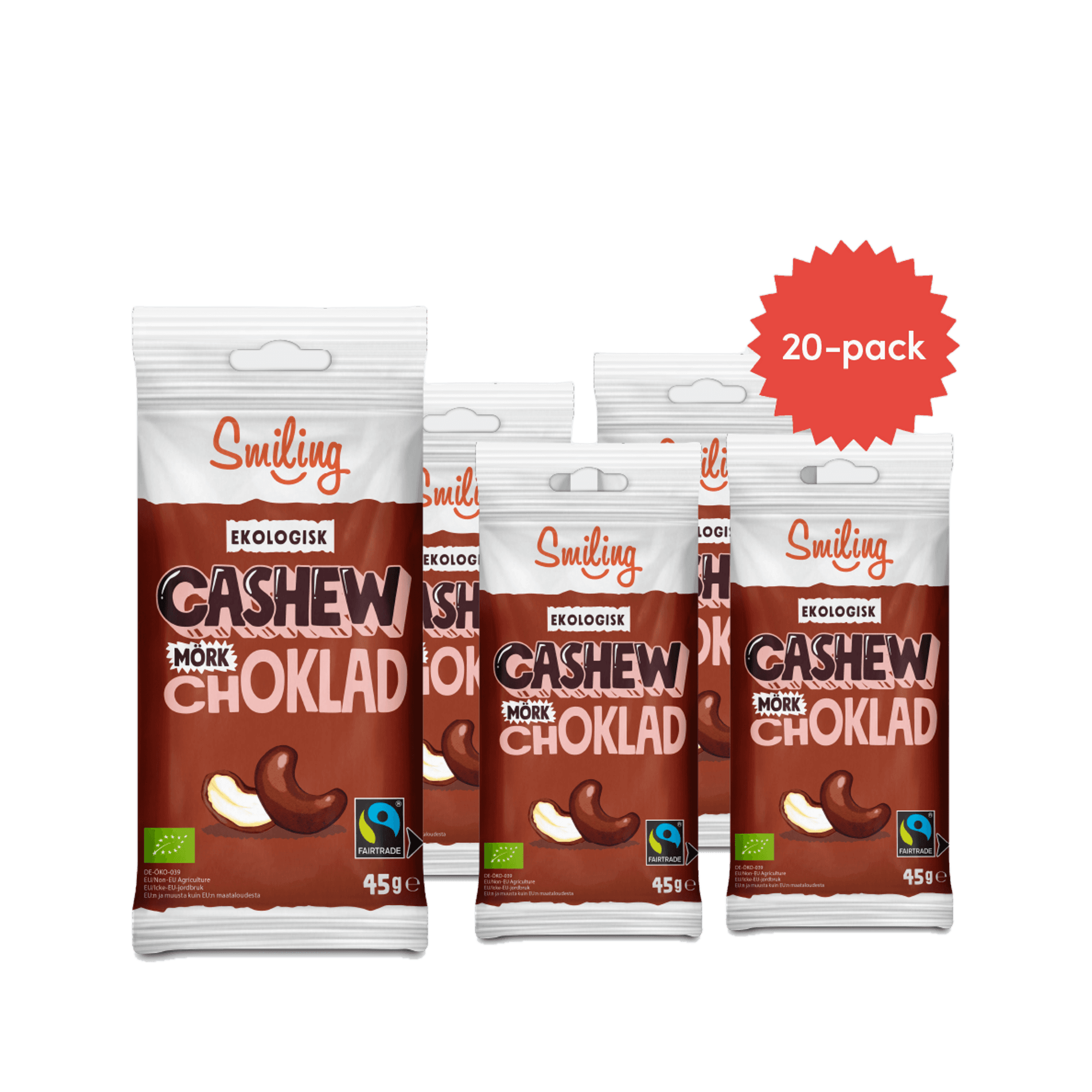 Bildnummer 1 av Smiling Cashew Mörk Choklad 45g 20-pack
